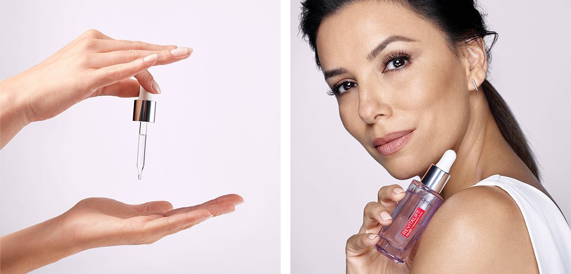 Eine Fotocollage bestehend aus zwei Bildern mit Eva Longoria die auf beiden Fotos ein Serum von L'Oréal in den Händen hält